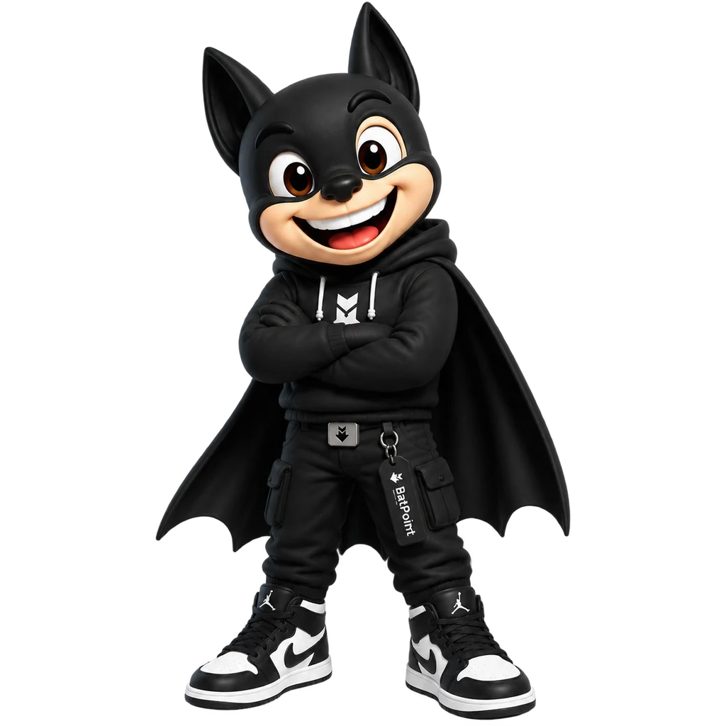 Mascota de BAT POINT, un personaje con capucha negra y capa