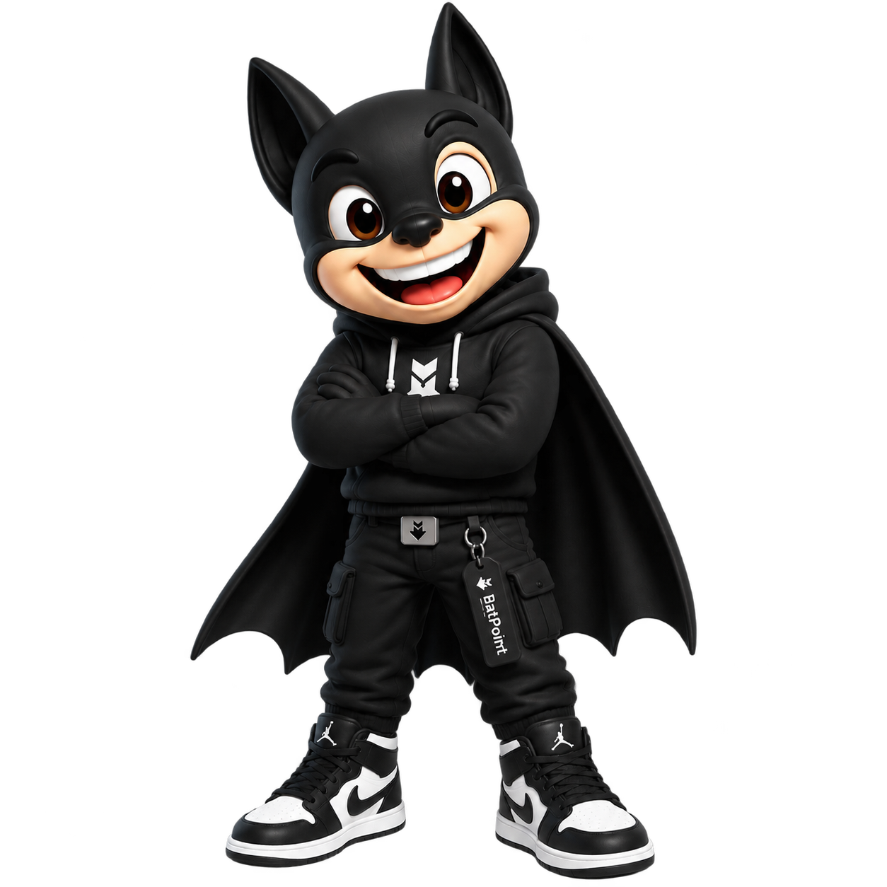 Mascota de BAT POINT, un personaje con capucha negra y capa